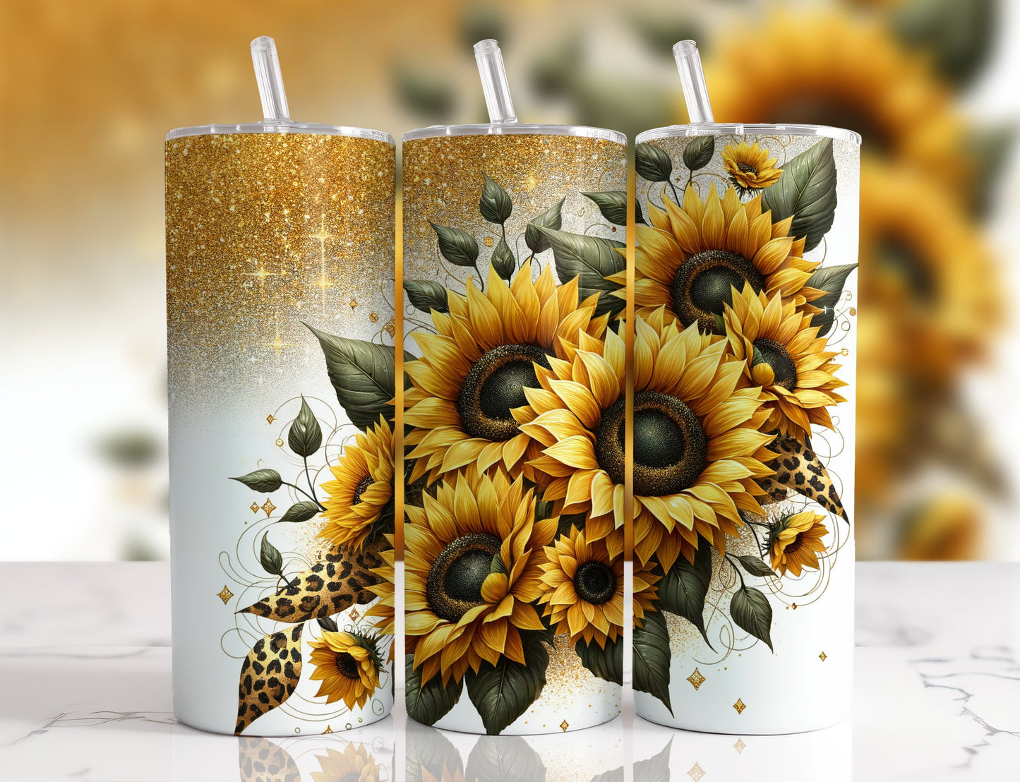 20 oz Tumbler - Gold Glittered Sunflowers