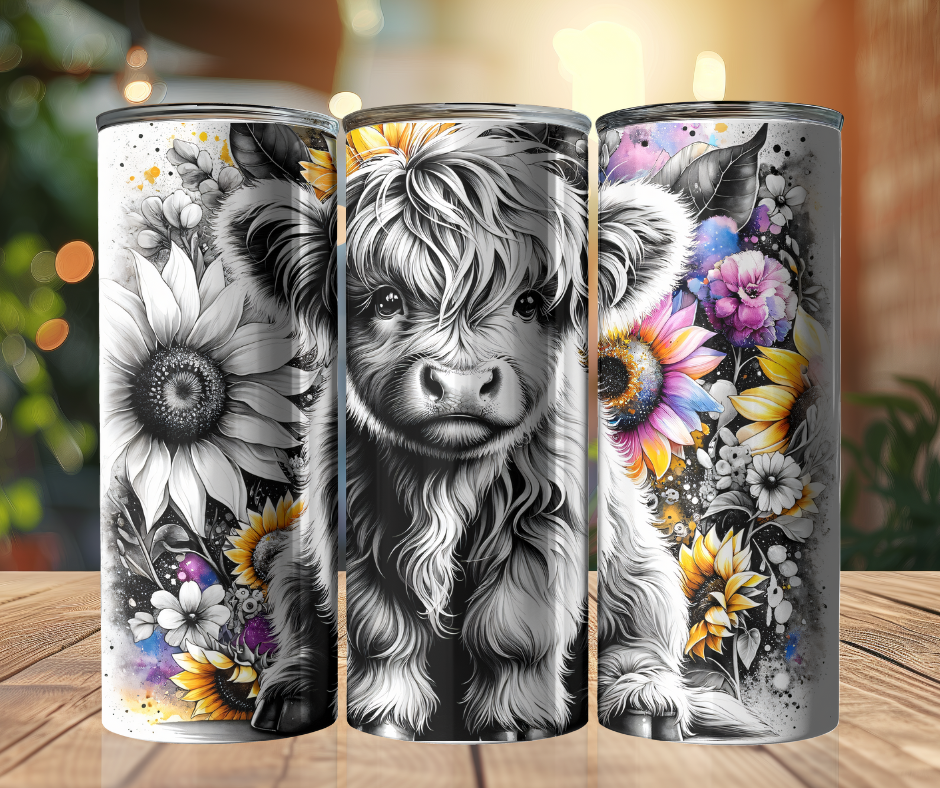 20 oz Stainless Tumblers - Black / white Highland Cow
