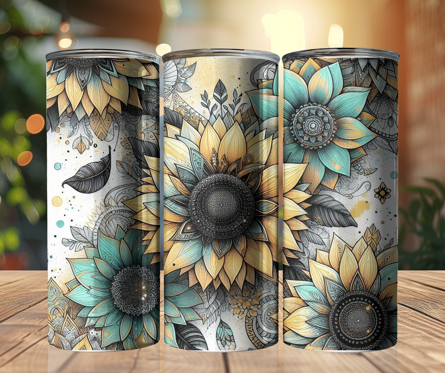 20 oz Stainless Steel Tumblers - Sunflowers - Yellows and Teal