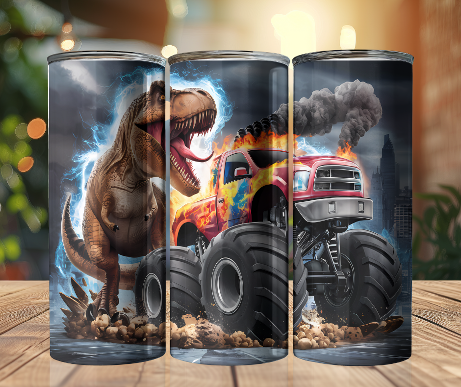 20 oz Stainless Steel Tumbler - Dino & Monster Trucks