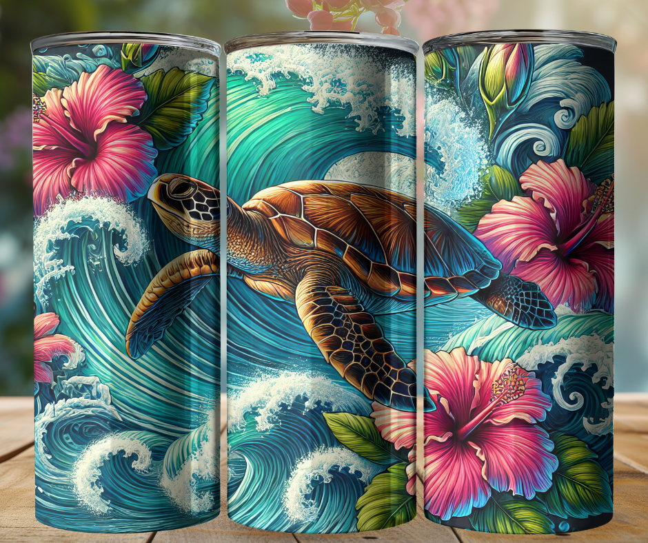 20oz Tumbler - Turtle with Hibiscus Flowers