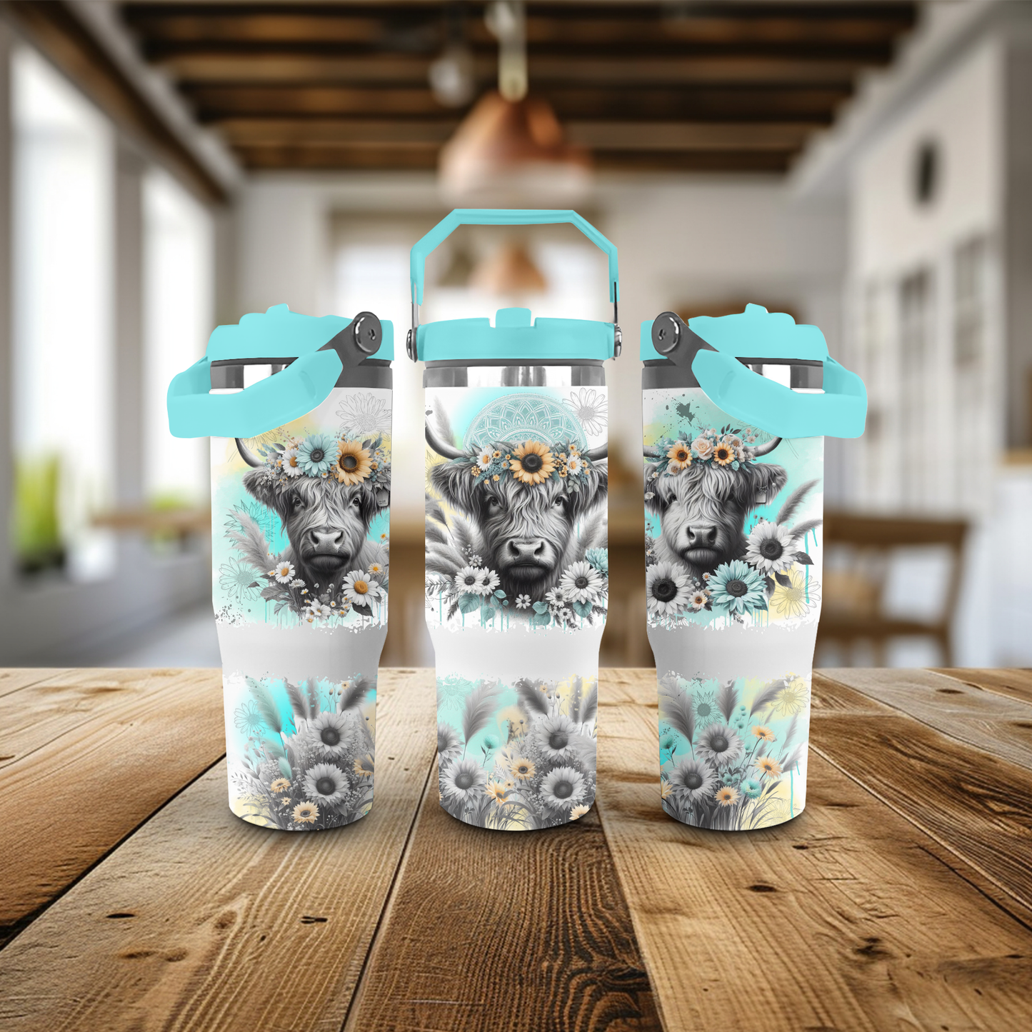 30oz Stainless Steel Tumbler - Mint Highland Cow
